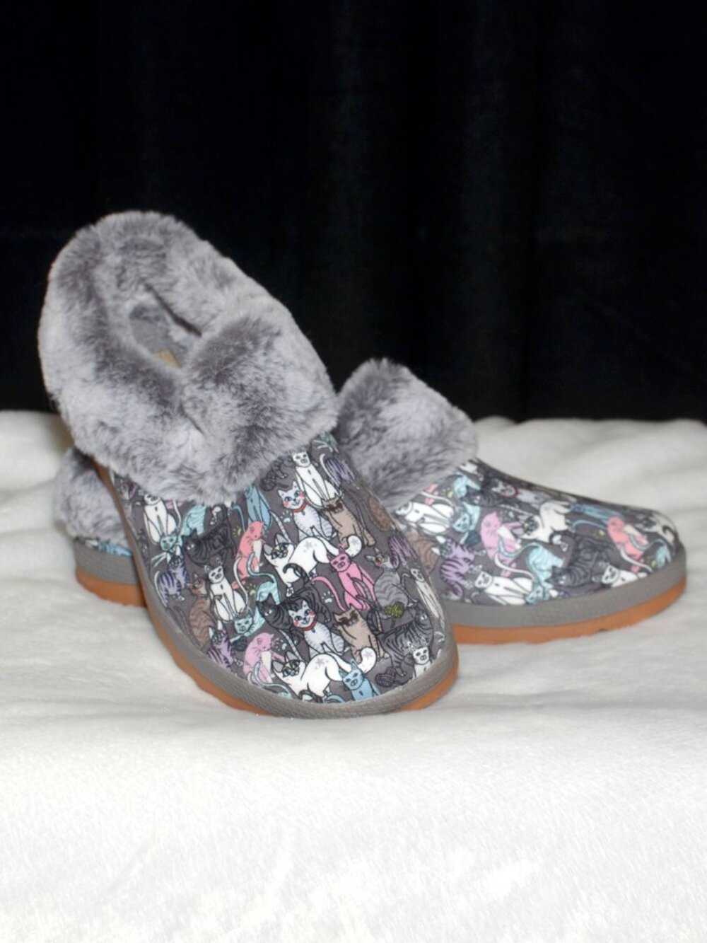 8.5 BOBS from Skechers Too Cozy Cat Print Faux Fur Lined Slippers Mules